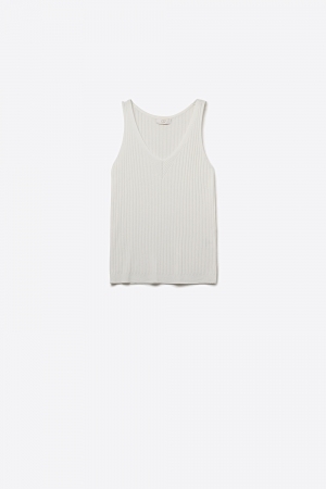 Camiseta de Tirantes de Punto Sin Mangas con Cuello en V Acanalado Blanco