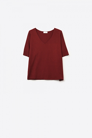 Blusa de Punto de Manga Corta con Cuello en V Relajado en Color Burdeos