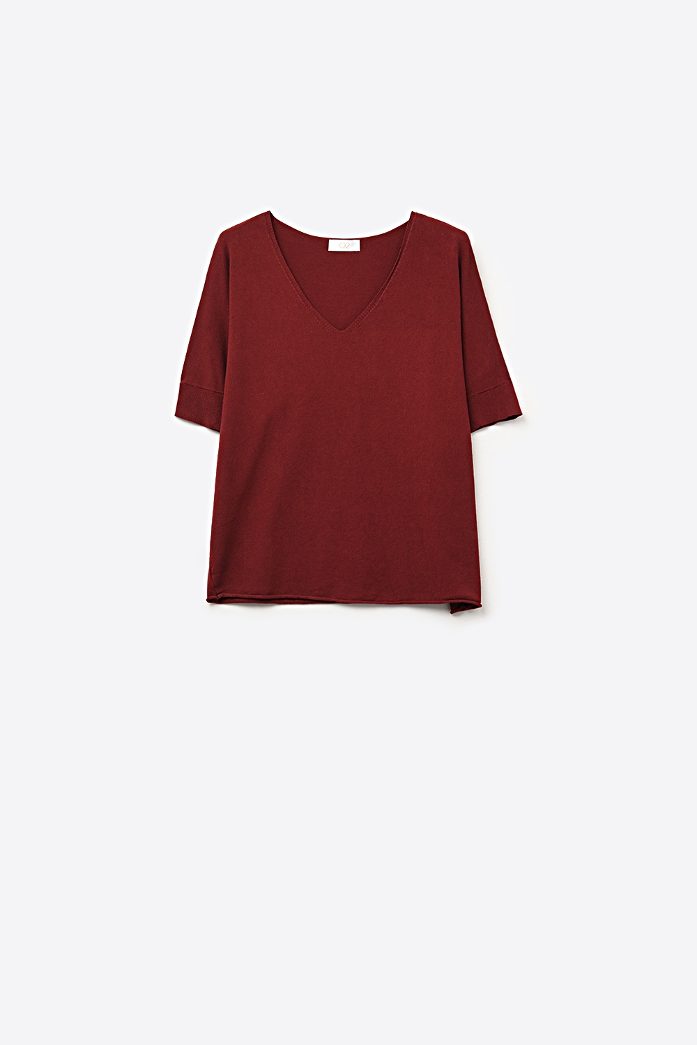 Blusa de Punto de Manga Corta con Cuello en V Relajado en Color Burdeos