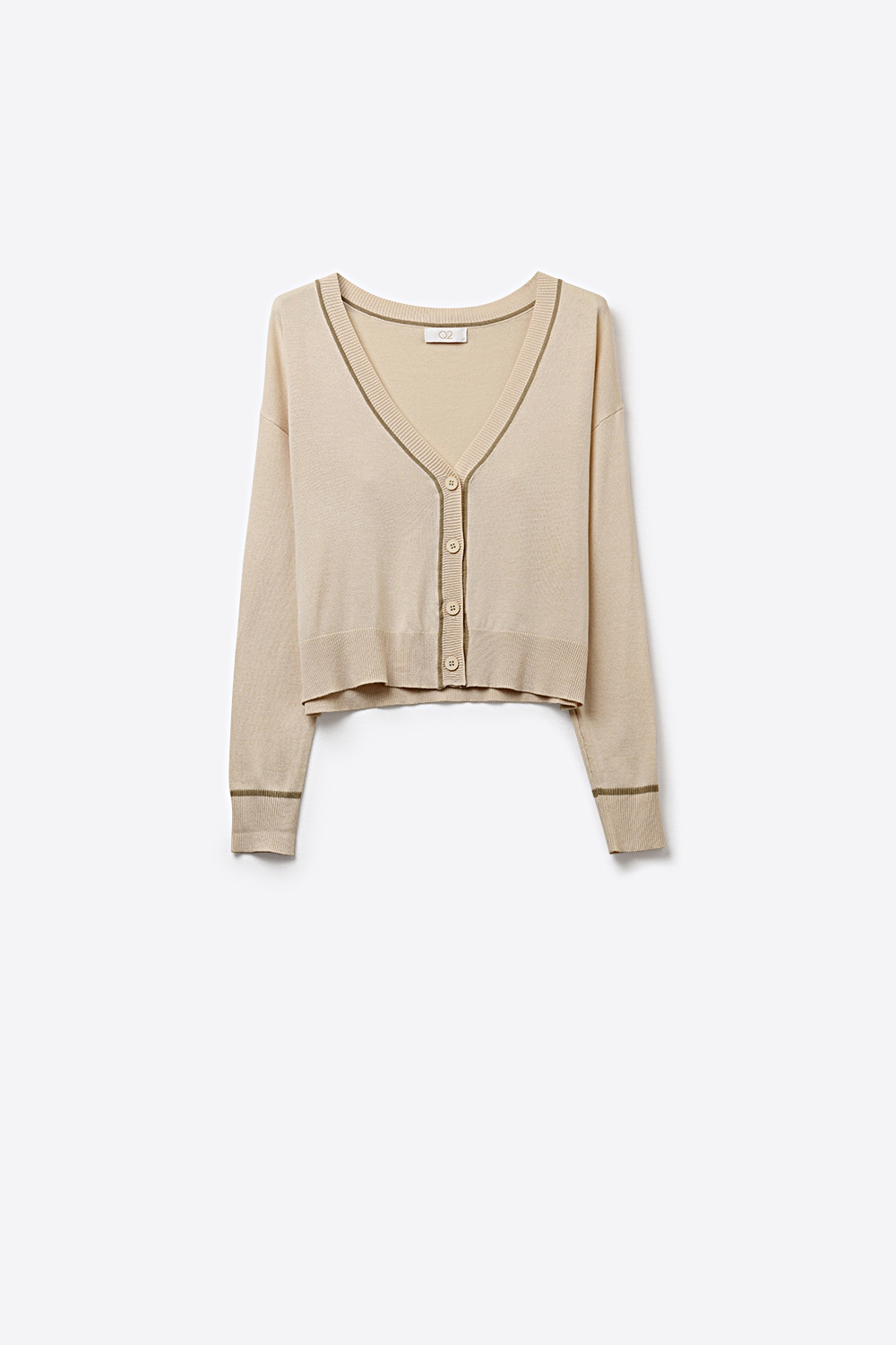 Rebeca de punto fino beige con ribete a contraste en marr&oacute;n