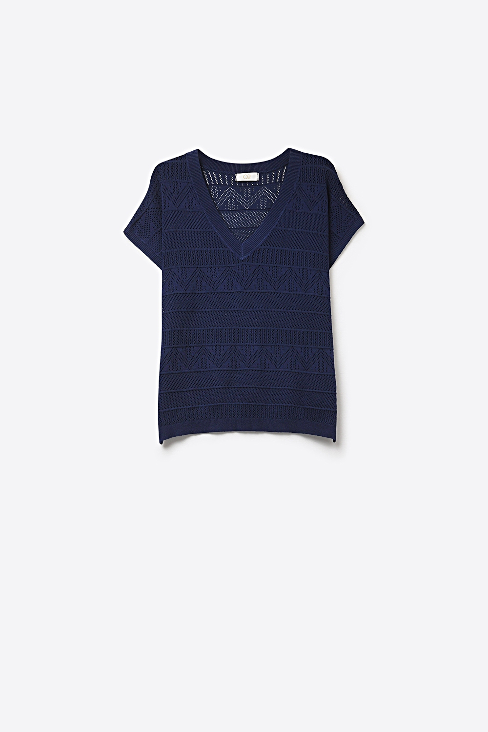 Top de punto azul marino con cuello en V y textura ligera Top de punto azul marino con cuello en V y textura ligera