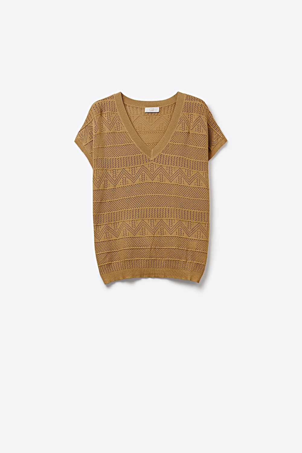 Chaleco de punto camel con cuello en V y manga corta