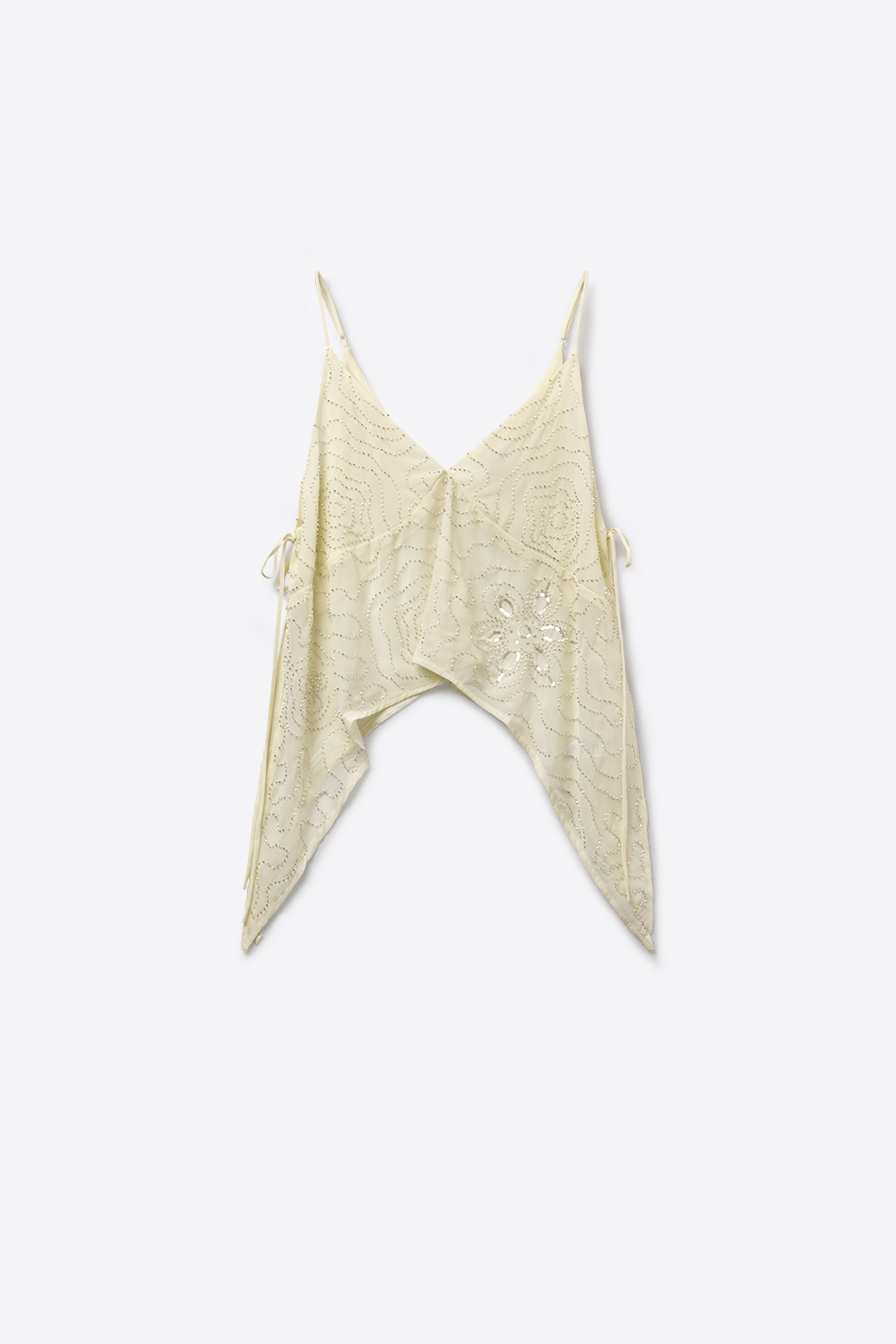 Blusa de gasa color crema con bajo asimétrico y adornos de cuentas Blusa de gasa color crema con bajo asimétrico y adornos de cuentas
