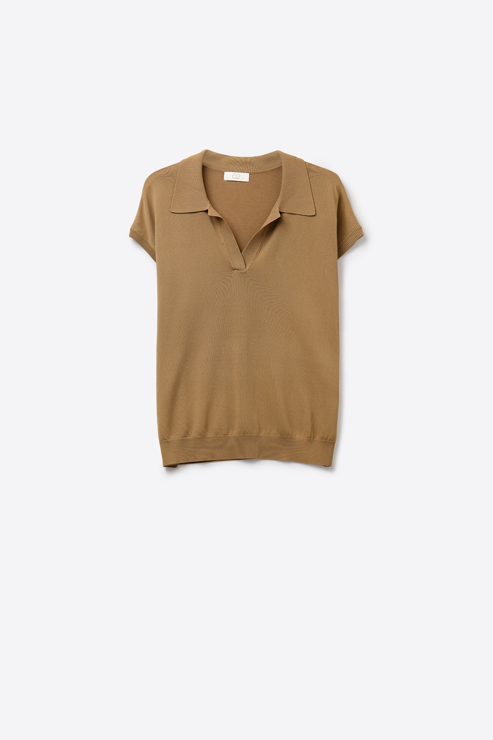 Top de Polo de Punto Fino en Color Camel con Mangas Cortas