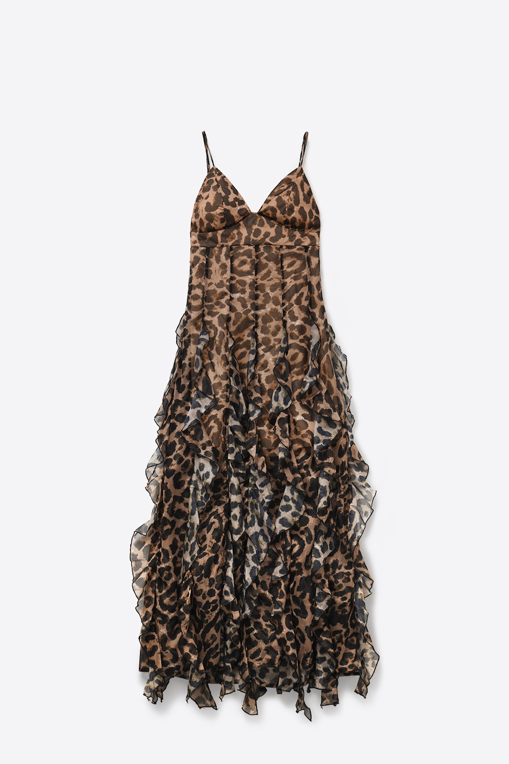 Vestido maxi de estampado leopardo marr&oacute;n en tela de gasa con dobladillo con volantes