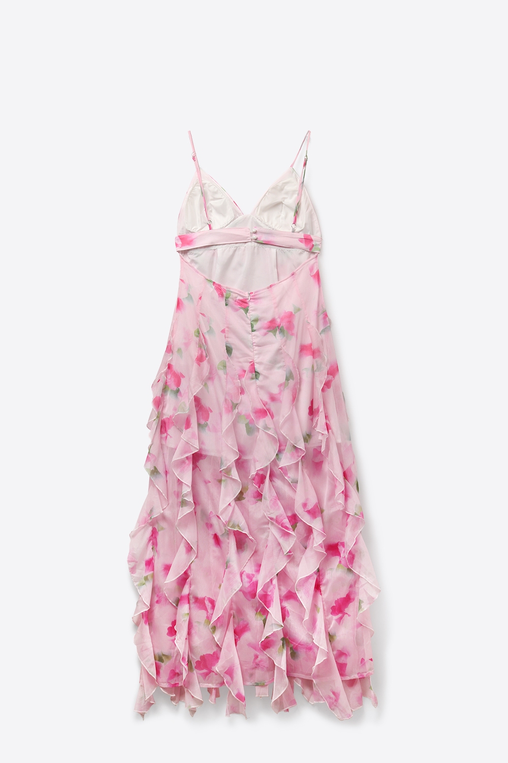 Vestido de fiesta maxi floral blanco y rosa con volantes