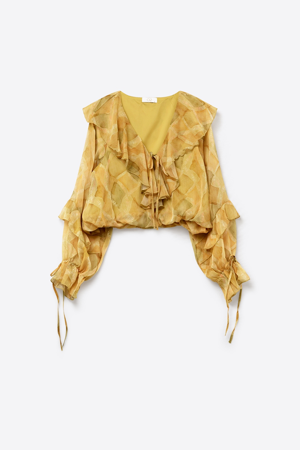 Blusa Transparente con Detalle de Volantes Mostaza y Lazo Frontal