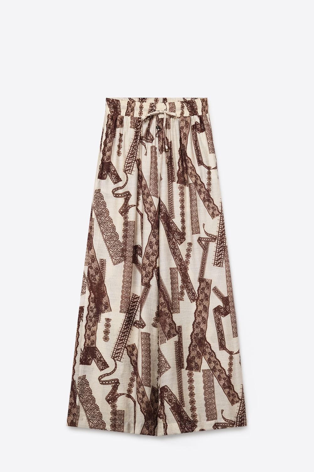 Pantalones Palazzo Anchos de Pierna Estampados en Crema y Marr&oacute;n con Largo al Tobillo