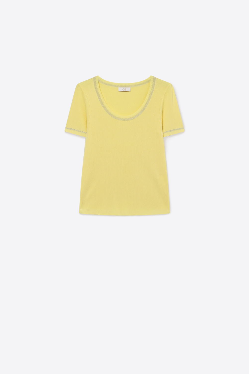 Jersey amarillo de punto acanalado con cuello redondo y ribete de lúrex brillante Jersey amarillo de punto acanalado con cuello redondo y ribete de lúrex brillante