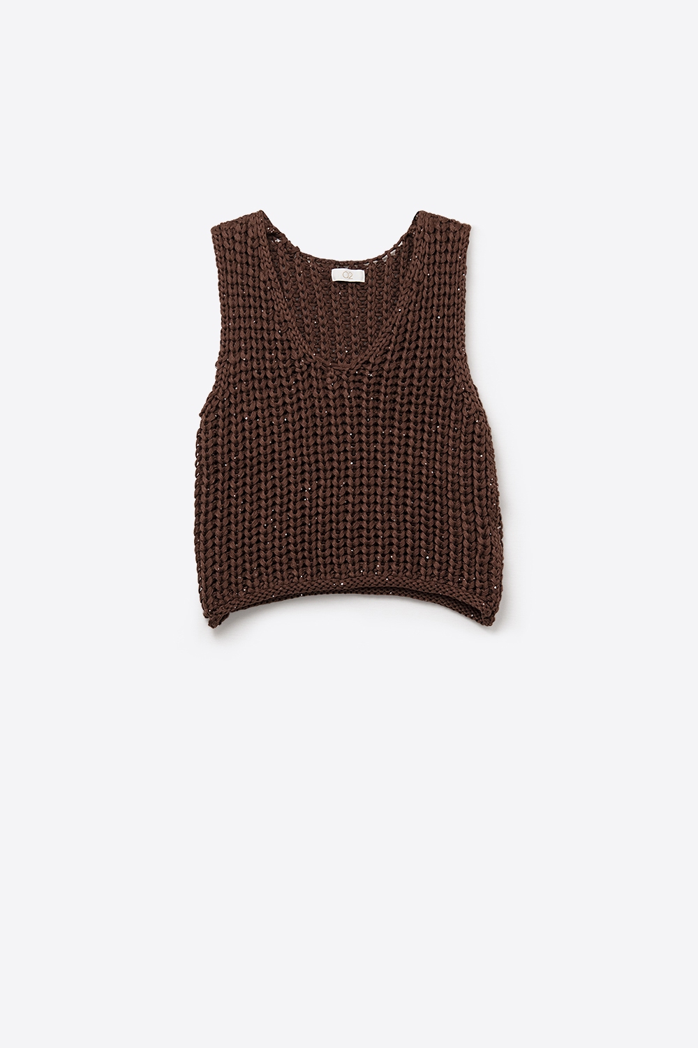 Chaleco de Punto con Cuello en V de Tejido Grueso Marr&oacute;n
