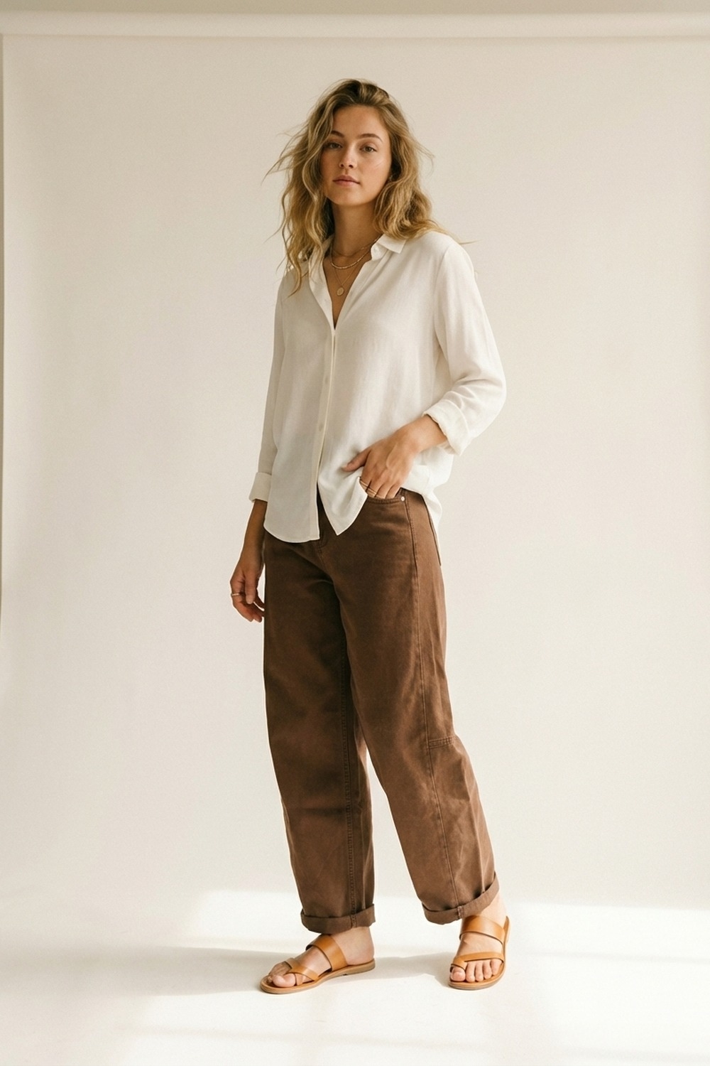 Pantalones Marrones de Pana de Algodón de Pierna Ancha con Bolsillos en Estilo Barril Pantalones Marrones de Pana de Algodón de Pierna Ancha con Bolsillos en Estilo Barril