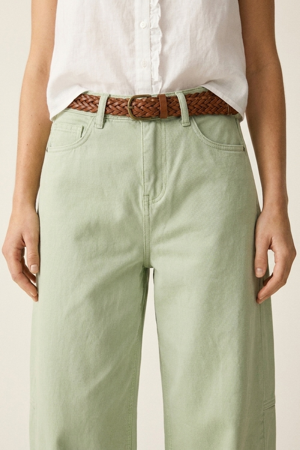 Pantalones Casuales de Algodón Verde Claro de Pierna Ancha en Estilo Barril Pantalones Casuales de Algodón Verde Claro de Pierna Ancha en Estilo Barril