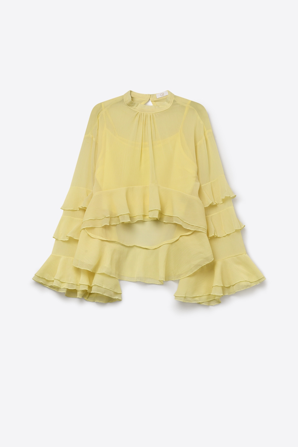 Top Amarillo de Gasa con Volantes y Manga Acampanada Cuello Alto