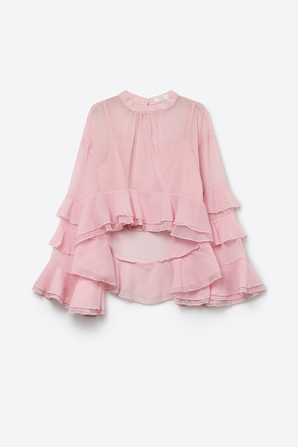 Blusa asim&eacute;trica con cuello alto y volantes de gasa rosa claro