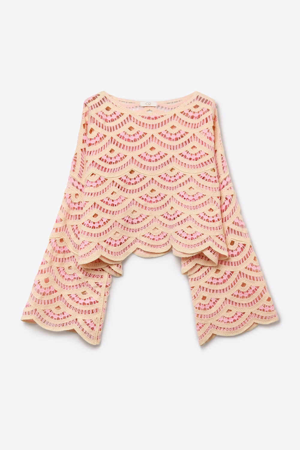 Beige Rosa Crochet Geo Pattern Scallop Hem Wide Sleeve Top