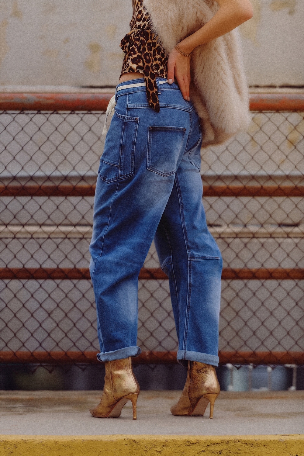 Jeans azules de corte ancho al tobillo con cinturón Jeans azules de corte ancho al tobillo con cinturón