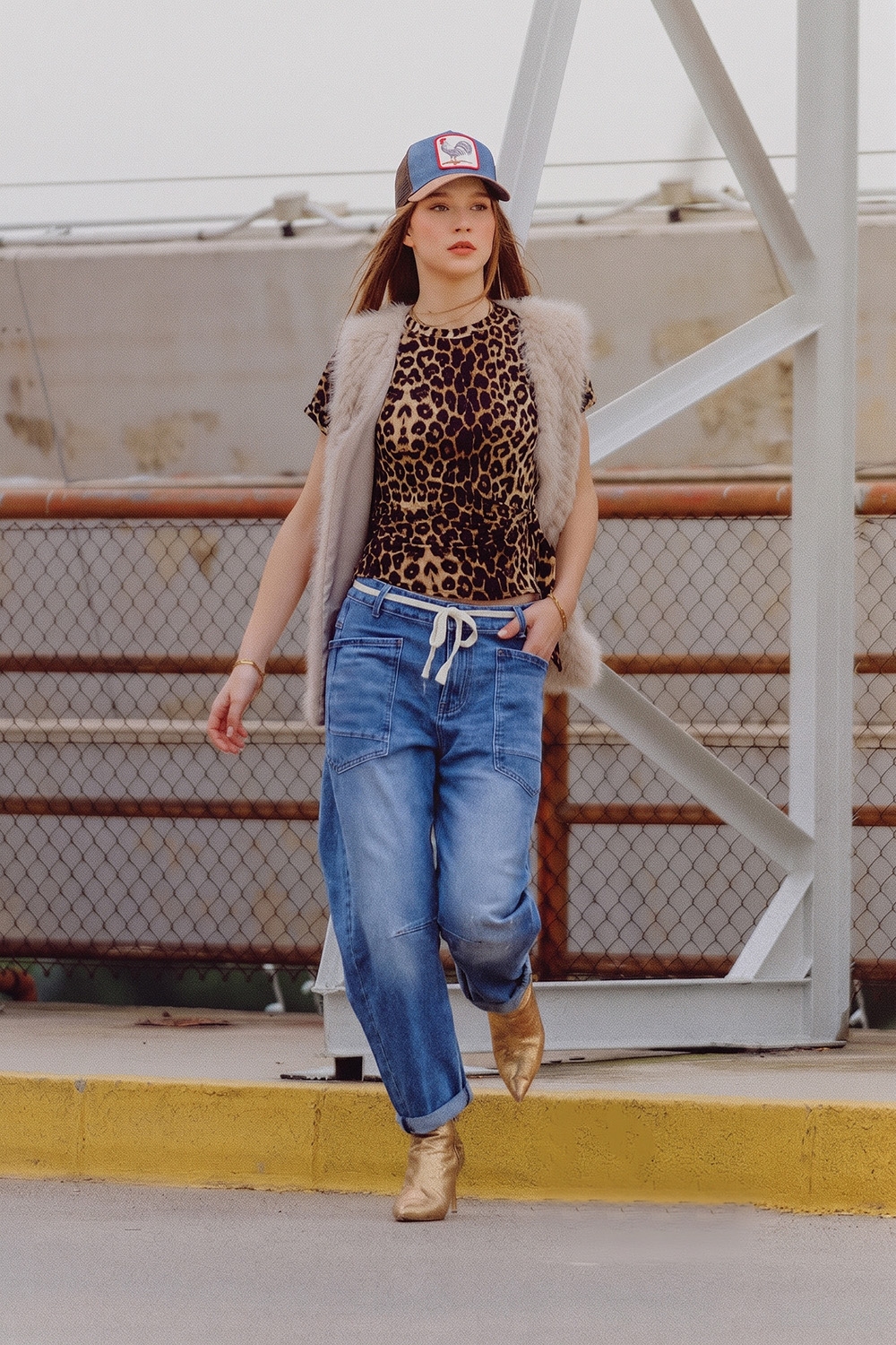 Jeans azules de corte ancho al tobillo con cinturón Jeans azules de corte ancho al tobillo con cinturón