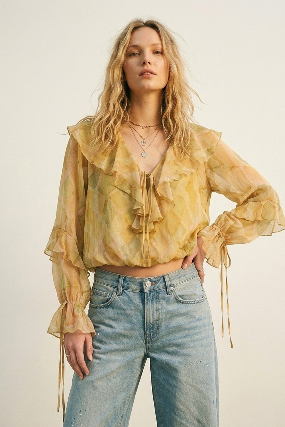Blusa Transparente con Detalle de Volantes Mostaza y Lazo Frontal