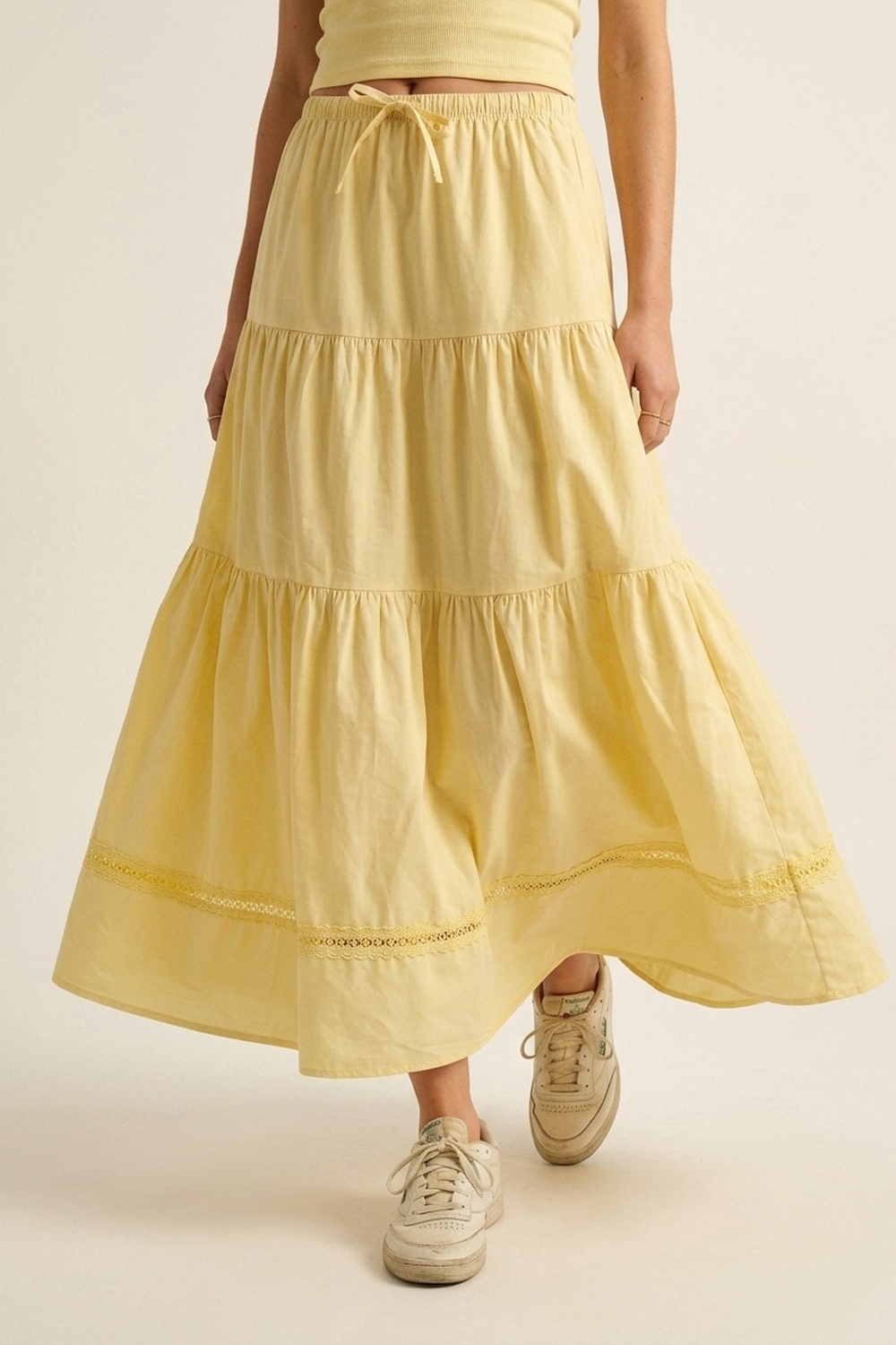 Falda Maxi de Popelina Amarilla con Detalle de Encaje