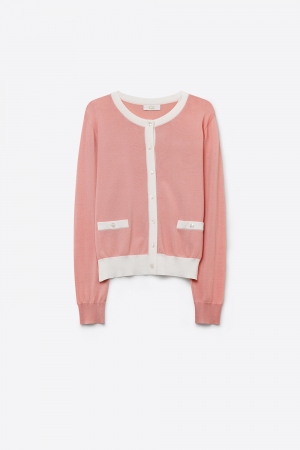 Chaqueta de punto fino con ribete en contraste color rosa viejo
