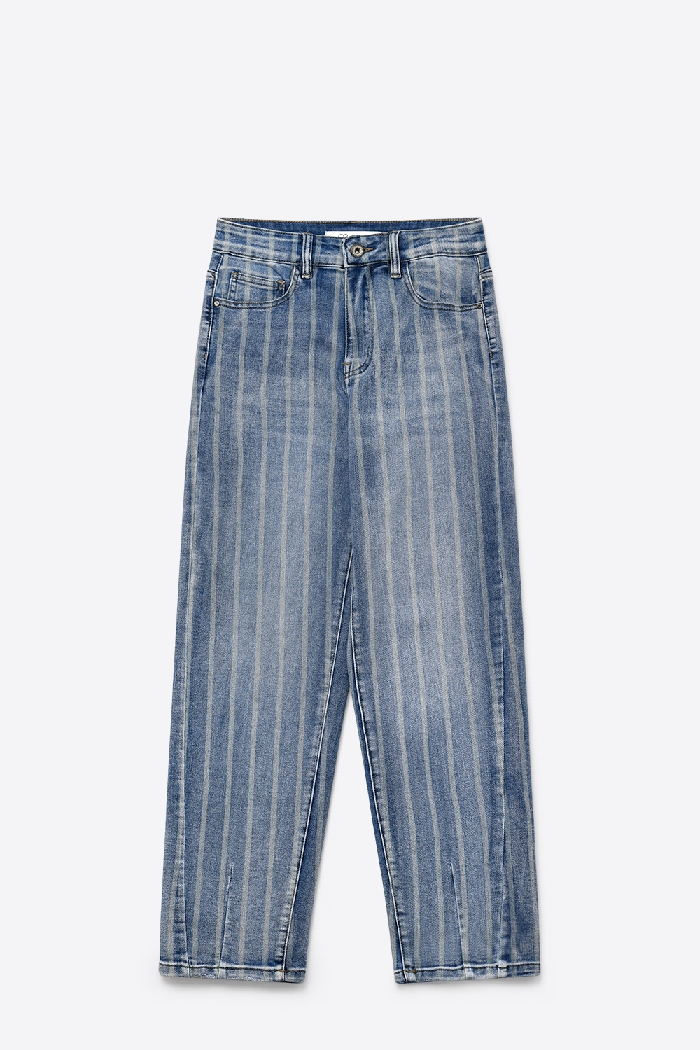 Jeans de mam&aacute; de dise&ntilde;o a rayas de mezclilla el&aacute;stica en lavado medio