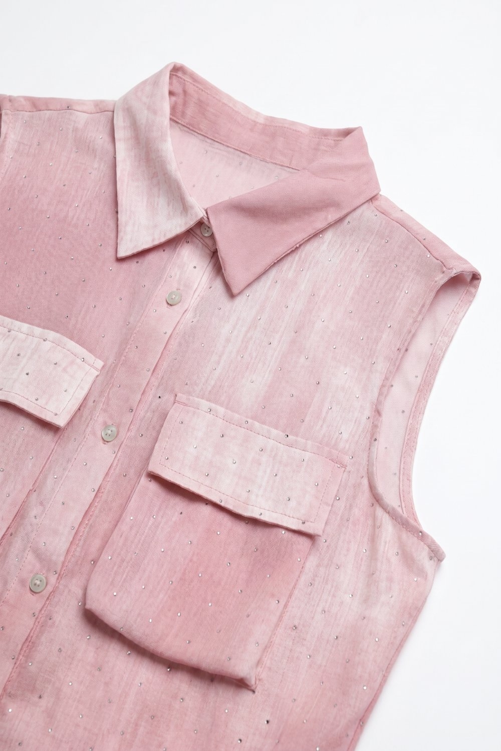 camisa sin mangas de te&ntilde;ido anudado rosa con adornos de strass