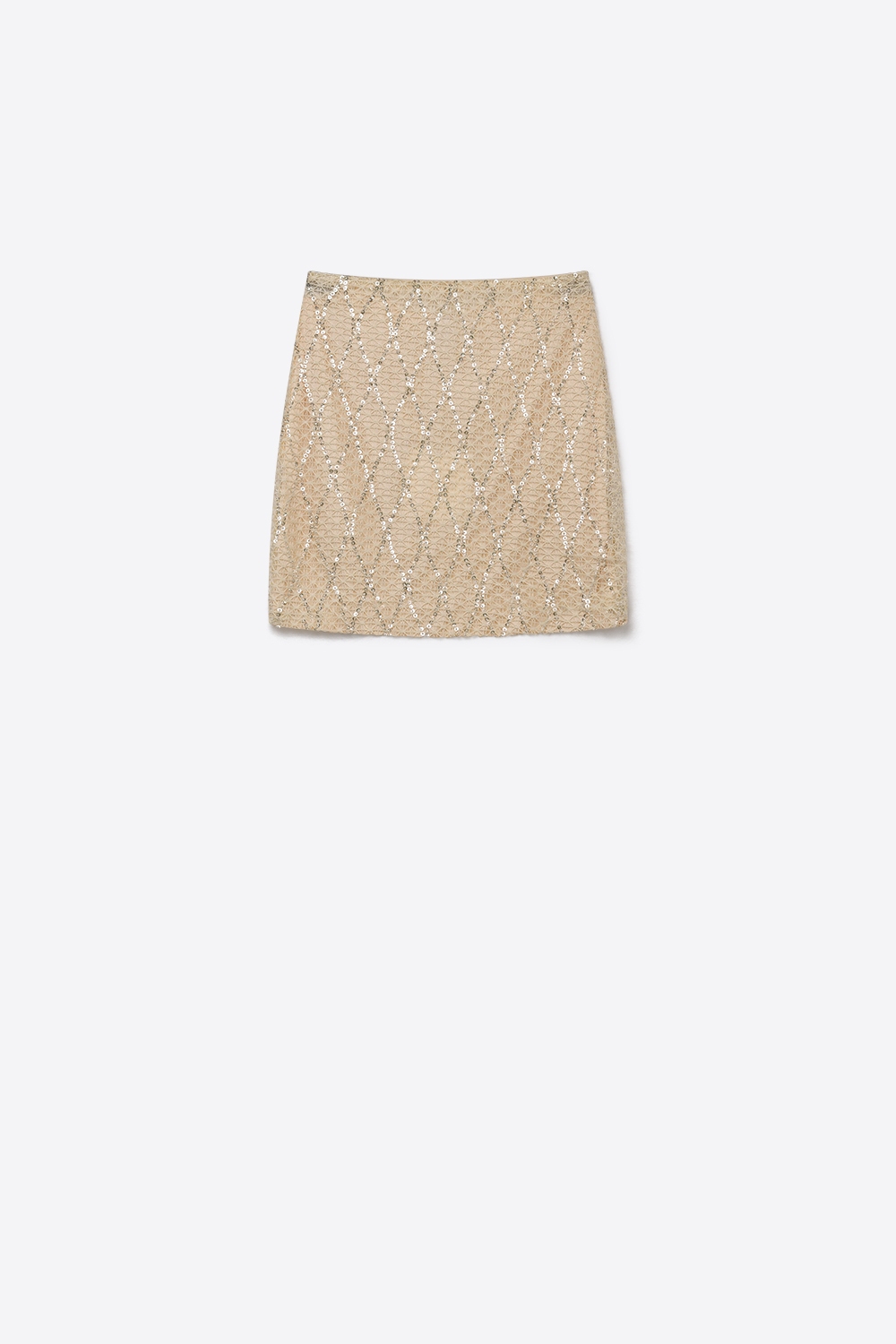 Falda Mini de Malla con Diamantes de Lentejuelas Beige Falda Mini de Malla con Diamantes de Lentejuelas Beige