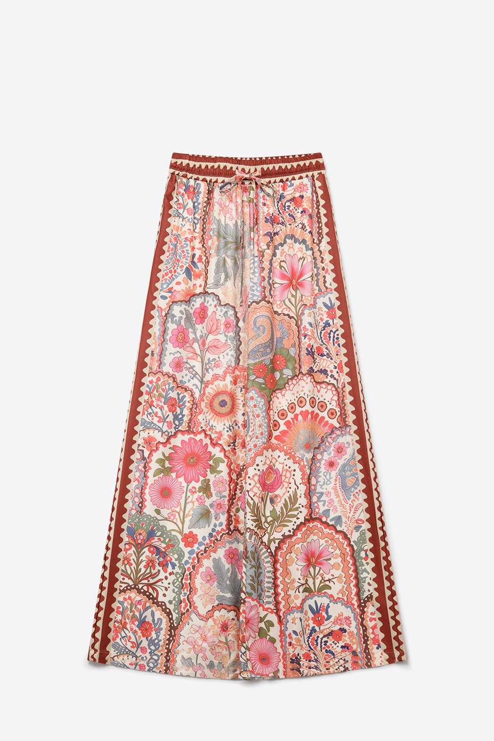 Pantalones de tela tejida ligera con estampado floral multicolor y cintura ancha