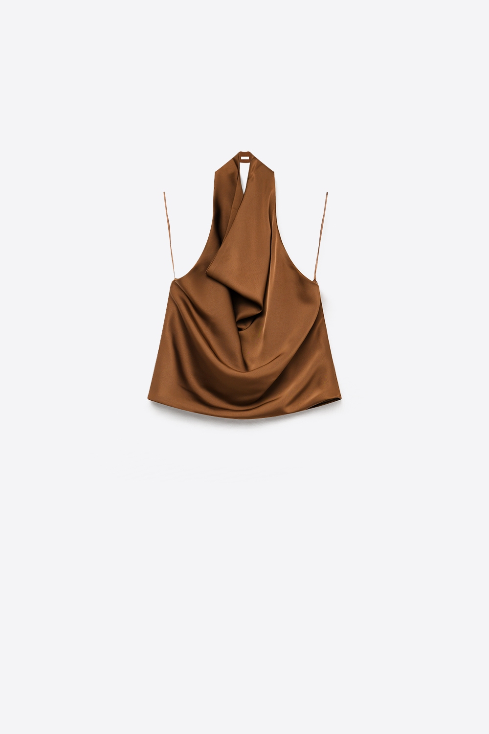 Top de cuello halter drapeado de satén marrón Top de cuello halter drapeado de satén marrón