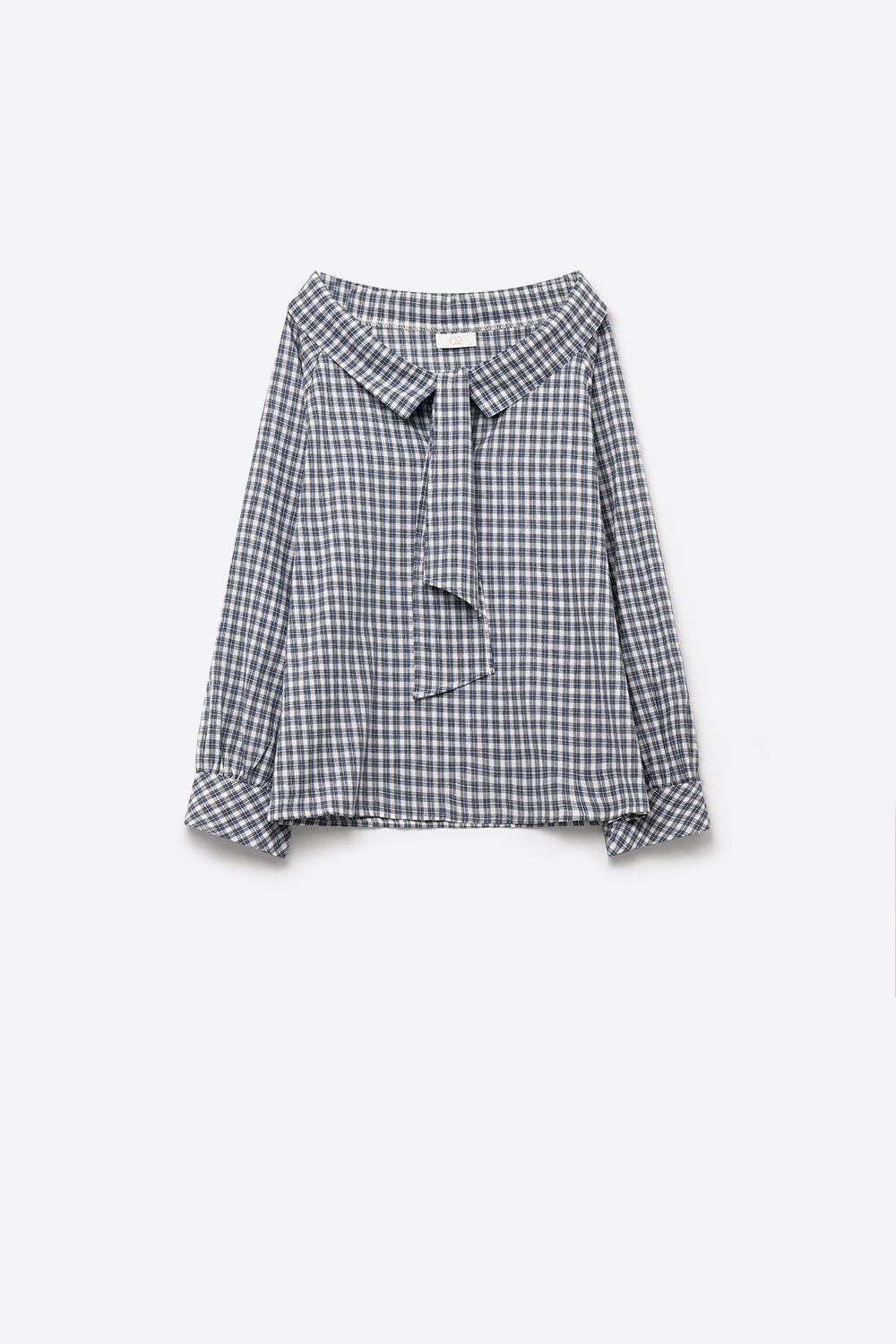 Blusa de Algod&oacute;n con Cuello de Lazo y Ajuste Regular a Cuadros Azul Marino