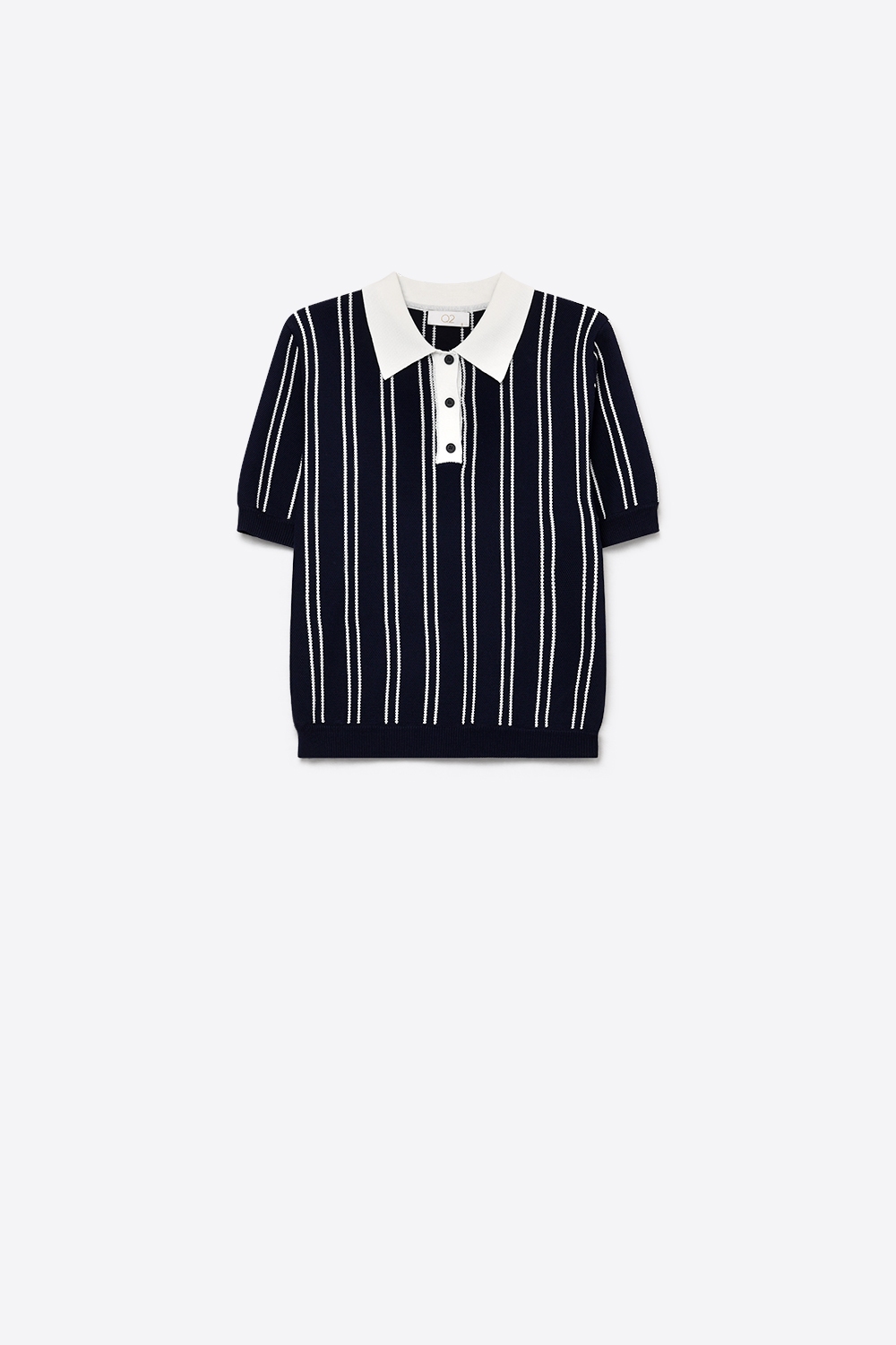 Polo de Punto Fino Azul Marino con Rayas en Contraste y Mangas Cortas