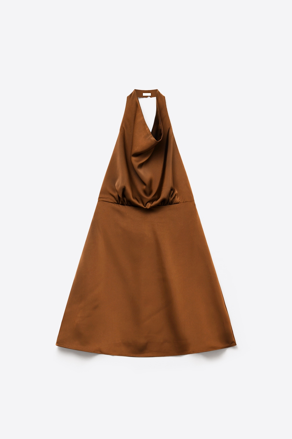 Vestido mini A-Line con cuello de cowl y halter de sat&eacute;n marr&oacute;n con espalda abierta