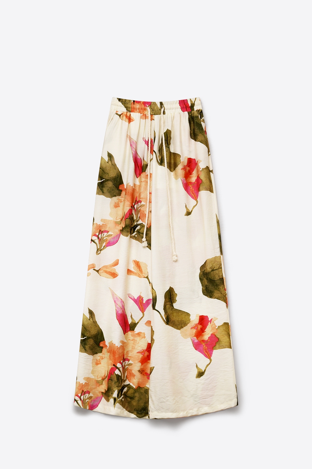 Pantalones anchos de estampado floral crema con cintura elástica Pantalones anchos de estampado floral crema con cintura elástica