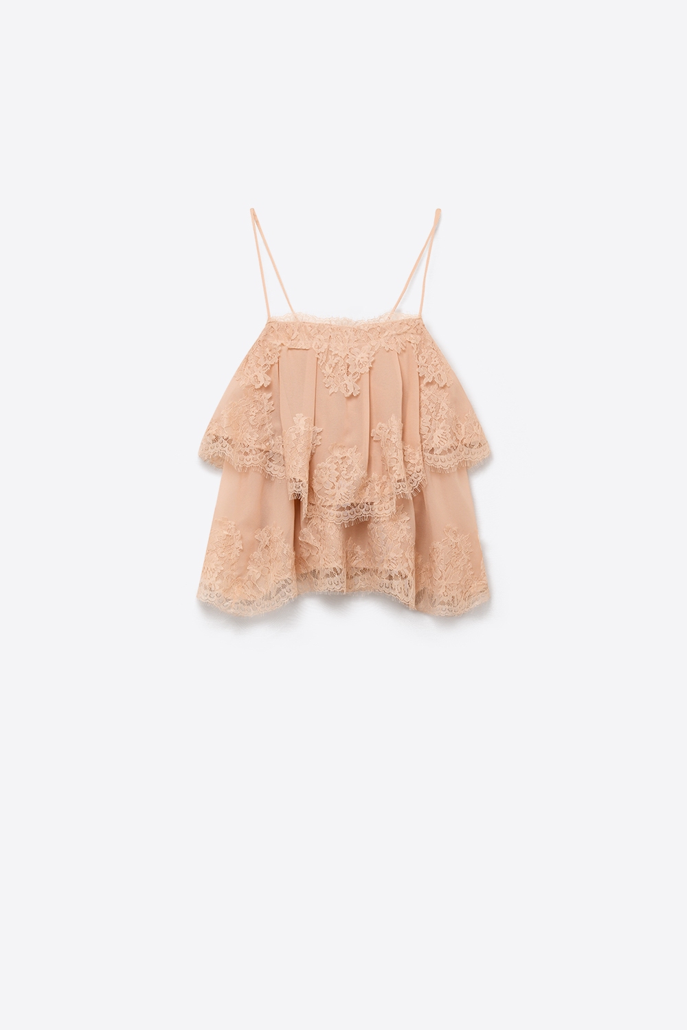 Top Beige de Tirantes con Inserci&oacute;n de Encaje de Chiffon con Volantes en Capas y Corte Relajado