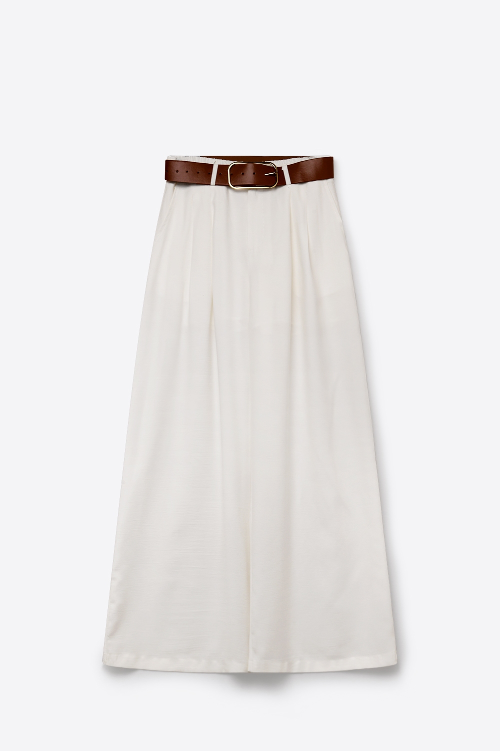Pantalones Anchos de Pierna con Cintur&oacute;n y Pliegues de Tela Ligera Tejida en blanco