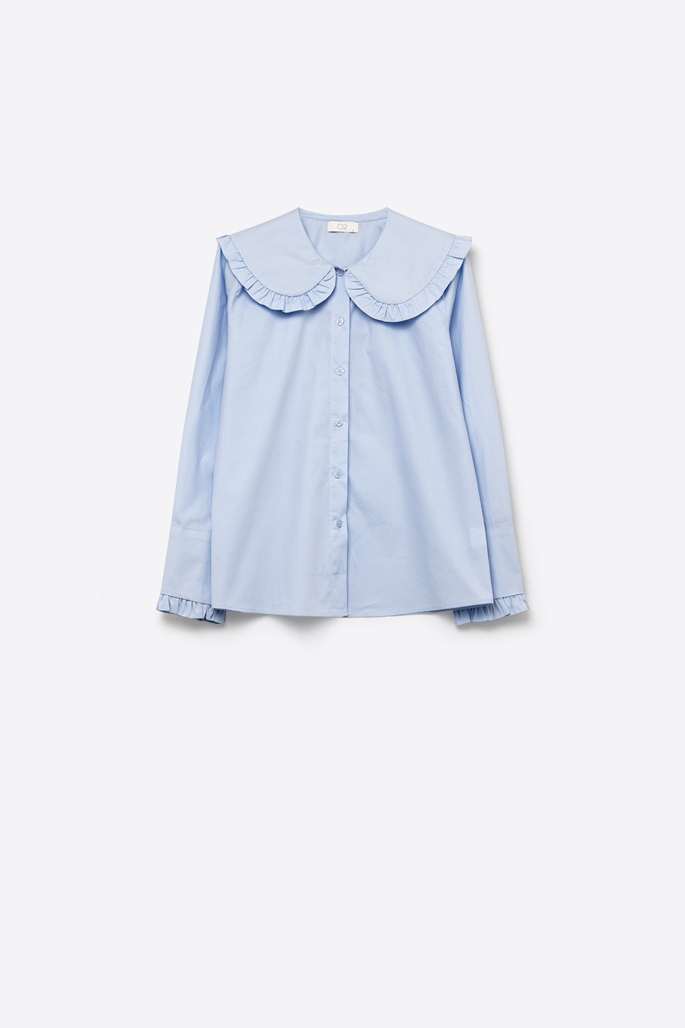 Camisa de Popelina Azul Claro con Cuello con Volantes de Manga Larga y Corte Regular