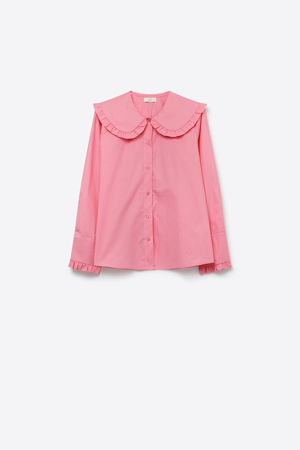 Camisa de Manga Larga con Cuello Prairie de Volantes en Popelina de Algod&oacute;n Rosa