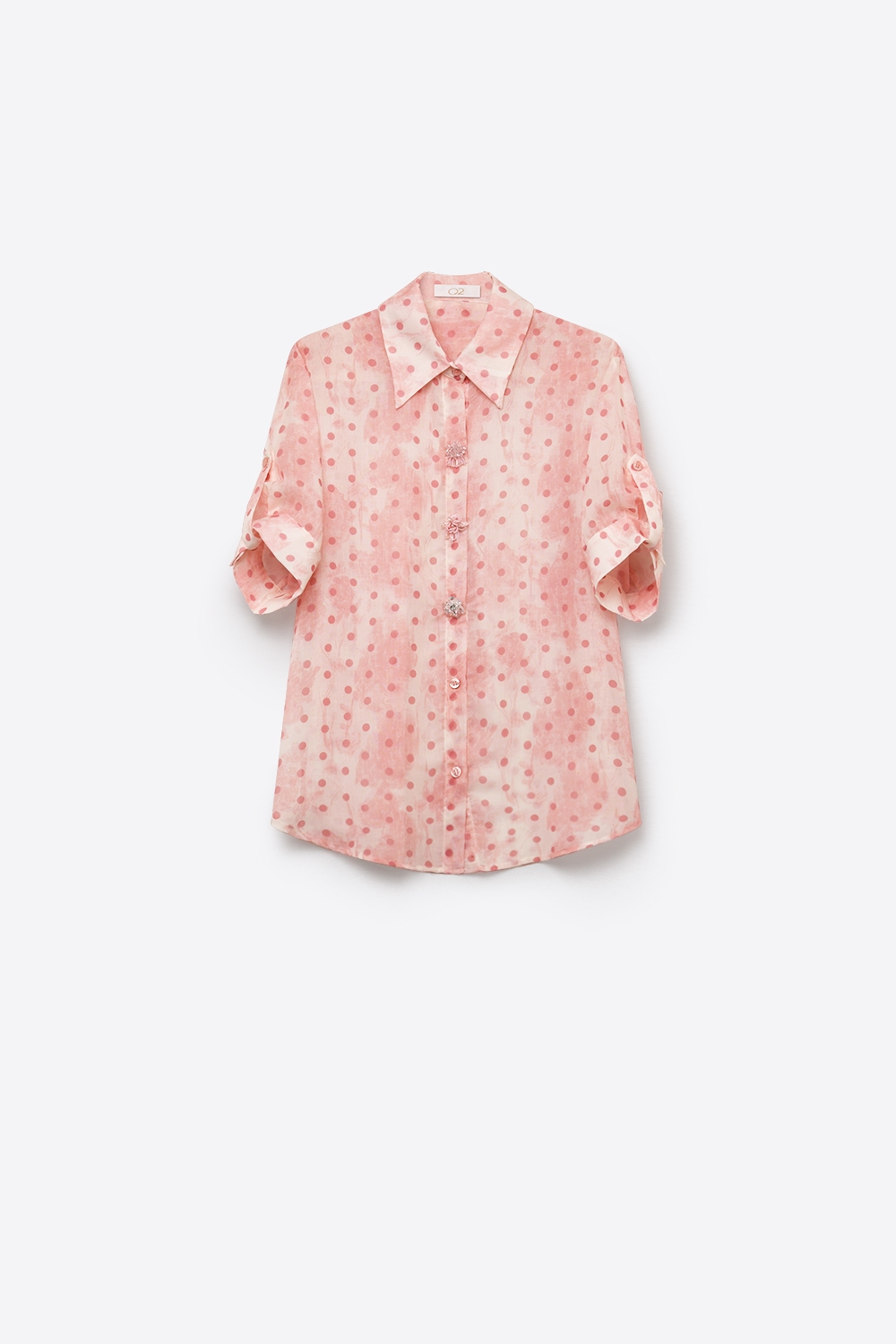 Camisa de Chif&oacute;n Rosa Claro con Lunares y Detalles de Botones de Cristal
