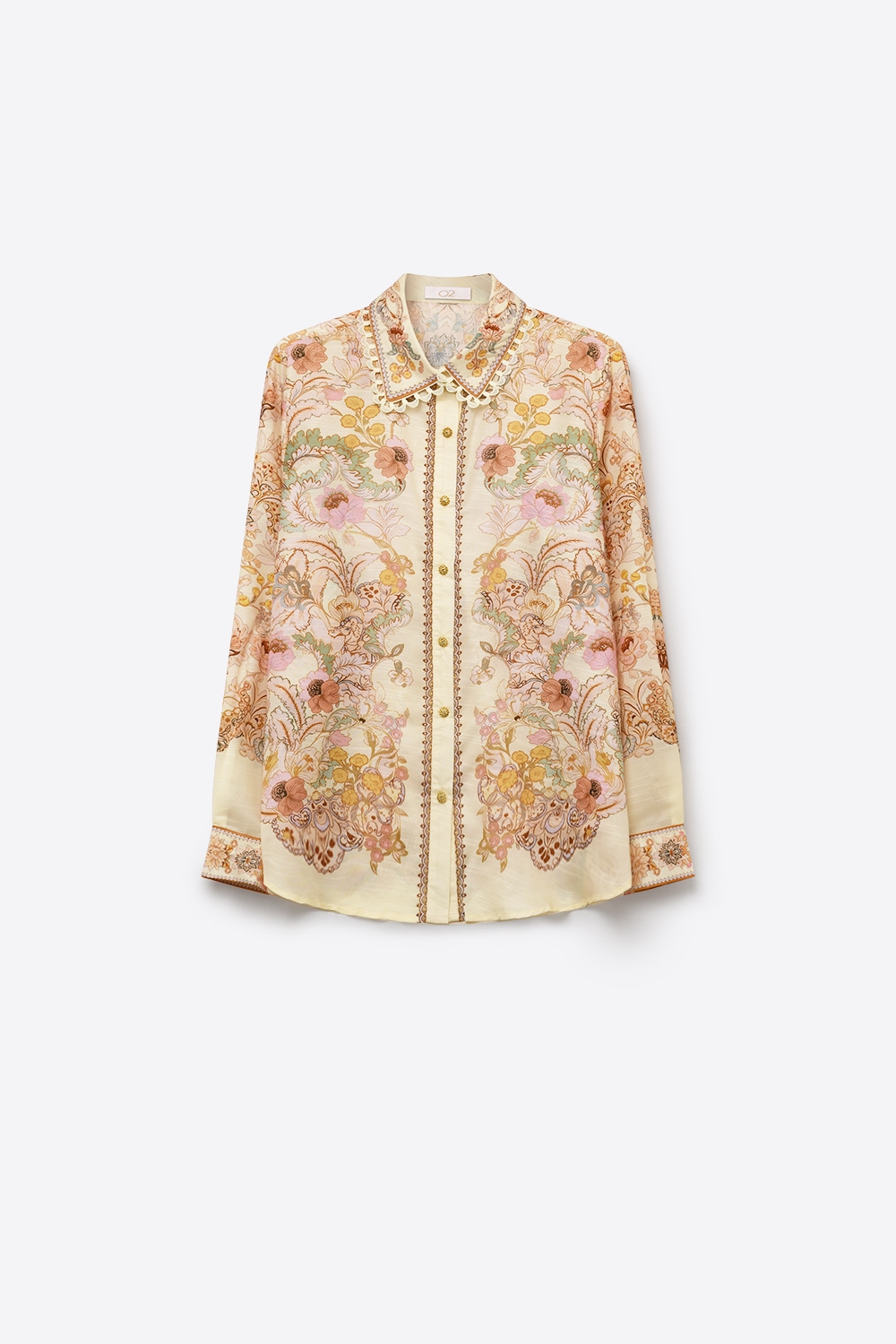 Camisa amarilla mantequilla con estampado floral y detalle de encaje