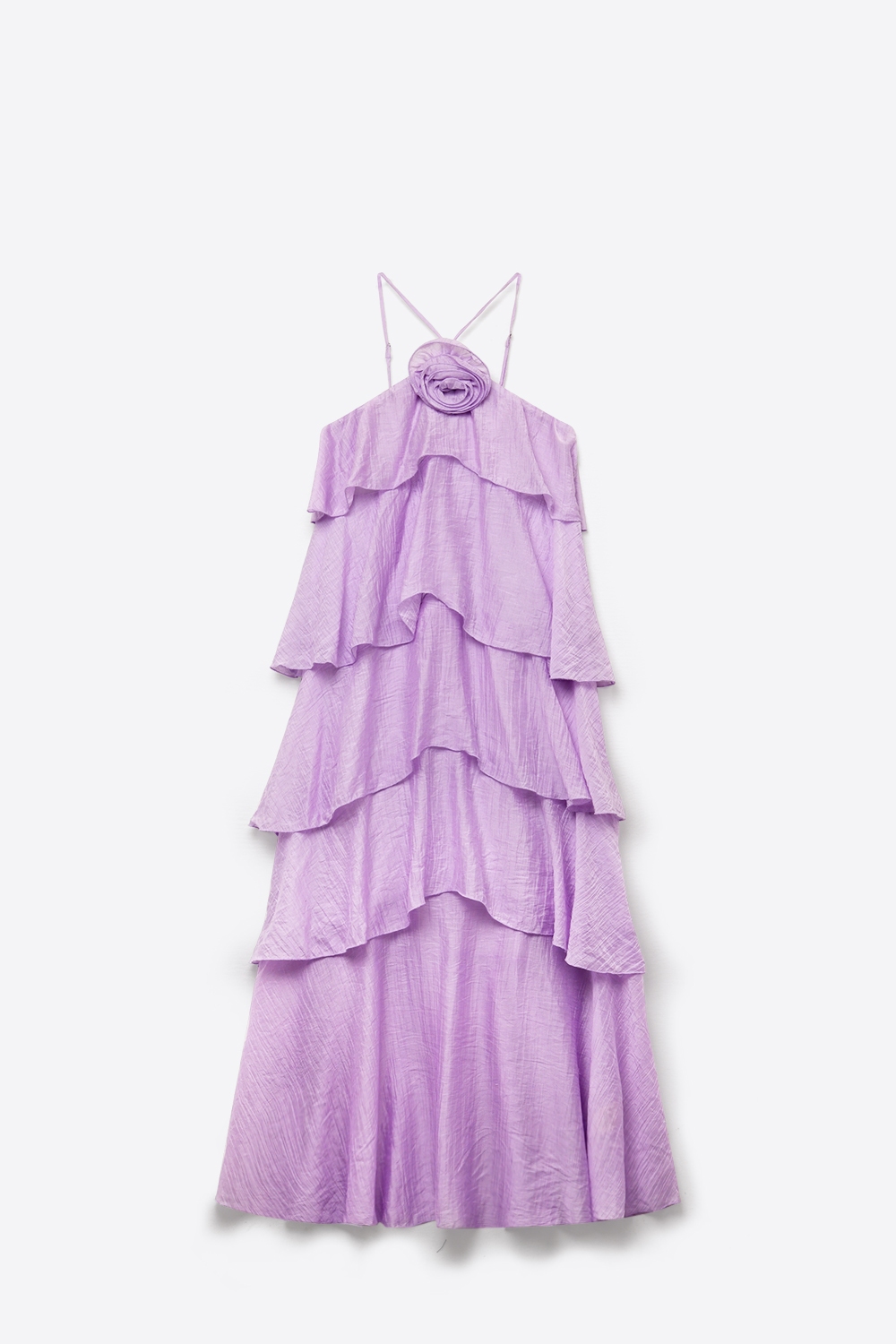 Vestido Maxi con Detalle de Rosa en Volantes de Capas Arrugadas de Tela Tejida Lila