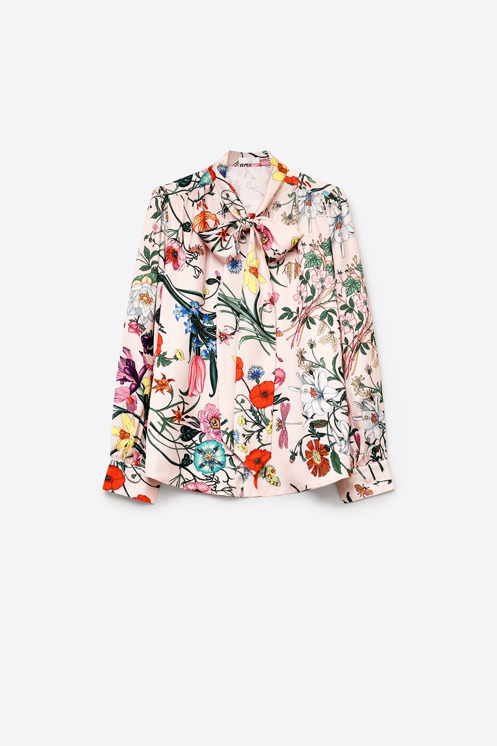 Blusa de sat&eacute;n con lazo en el cuello y estampado floral rosa claro de manga larga