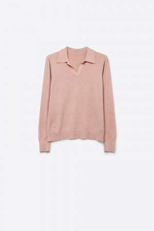 Cuello polo de punto con escote en V sin tapeta de botones en rosa viejo