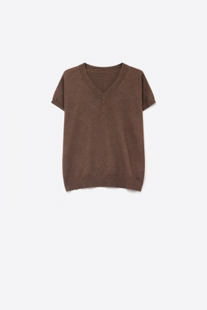 Suéter Marrón de Punto Fino con Cuello en V y Mangas Cortas de Estilo Dolman