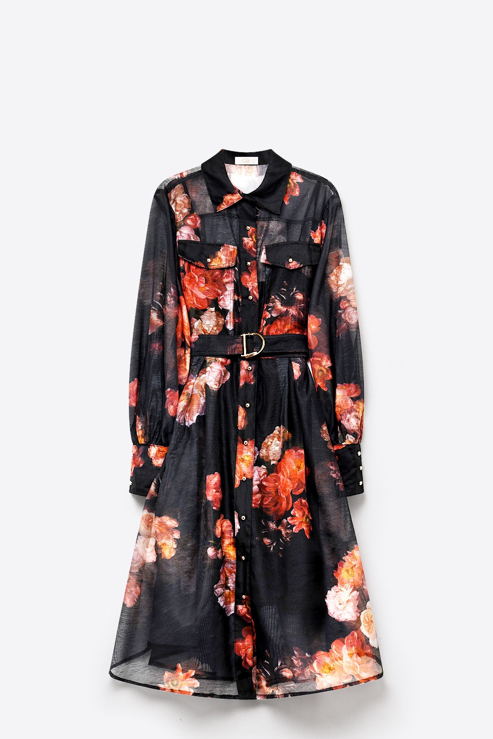 Vestido camisero midi negro con estampado floral cintur&oacute;n mangas largas y tela transparente