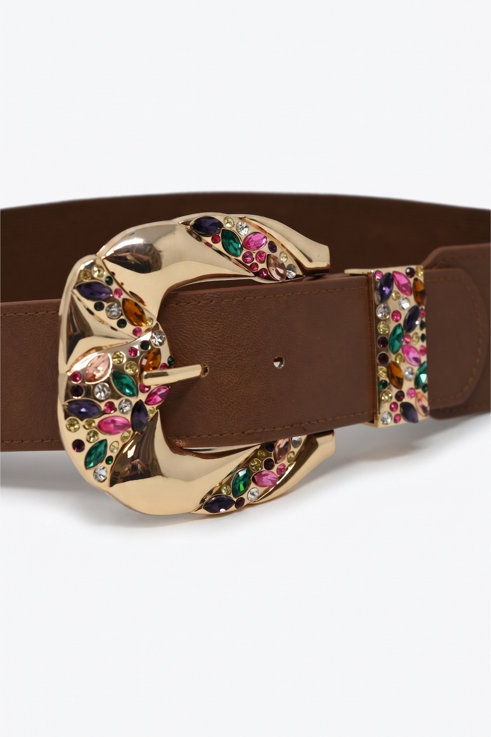 Cinturón ancho marrón de piel sintética con hebilla dorada multicolor adornada Cinturón ancho marrón de piel sintética con hebilla dorada multicolor adornada
