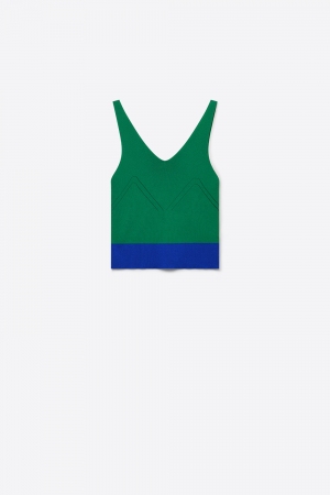 Top corto de punto acanalado con bloques de color verde y escote en V