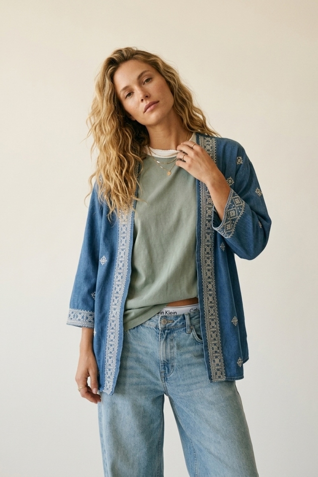 Blue Embroidered Open-Front Kimono with White Trim