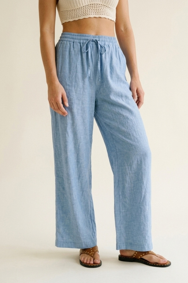 Pantalones anchos relajados de lino azul claro para mujer