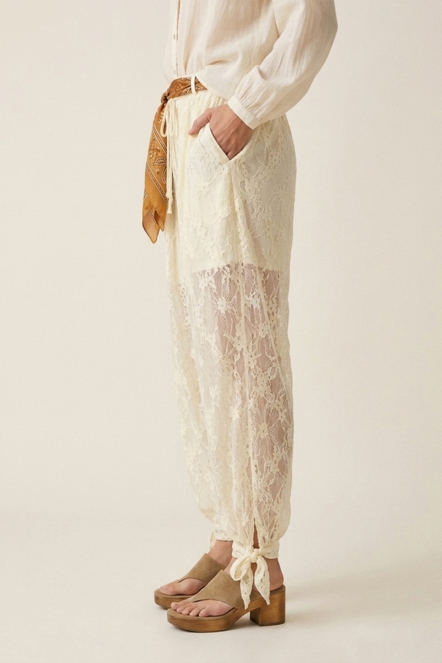 Cream Floral Lace Sheer Tie Hem Relaxed Fit Pants