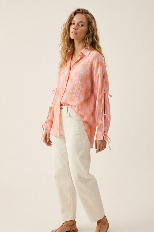 oversized Pink Tie-Sleeve Button-Up Shirt